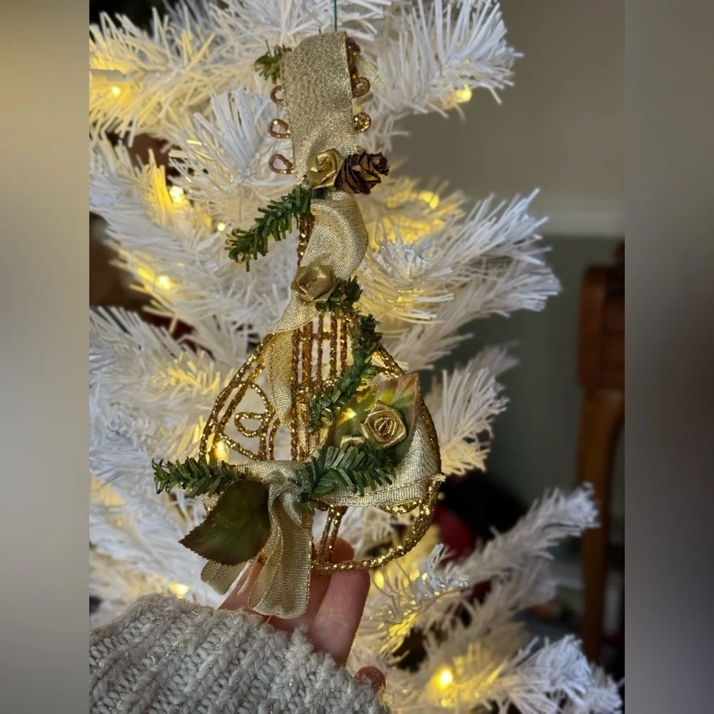 Rare Vintage 1975 Gold Guitar Holiday Ornament with Green Accents